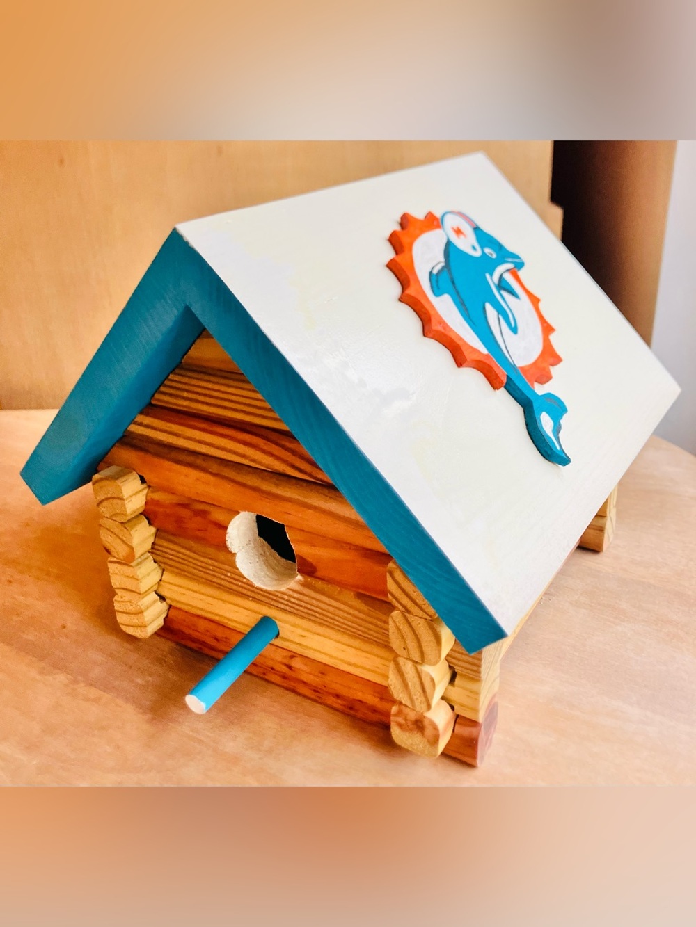 Miami Dolphins Wooden Painted Bird House NFL Collectible 10”x10”x8” Handmade
